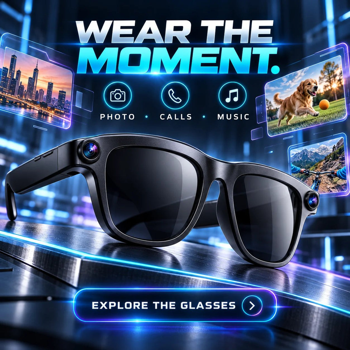 📸 Smart Camera Glasses – Dual-Camera POV Photos & Bluetooth Audio